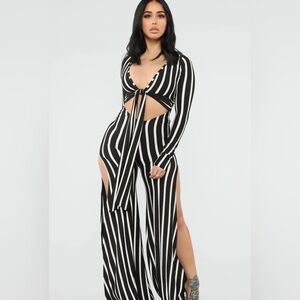 Fashion Nova Black & White Vertical Stripe Tie-Front Wide Leg Jumpsuit
